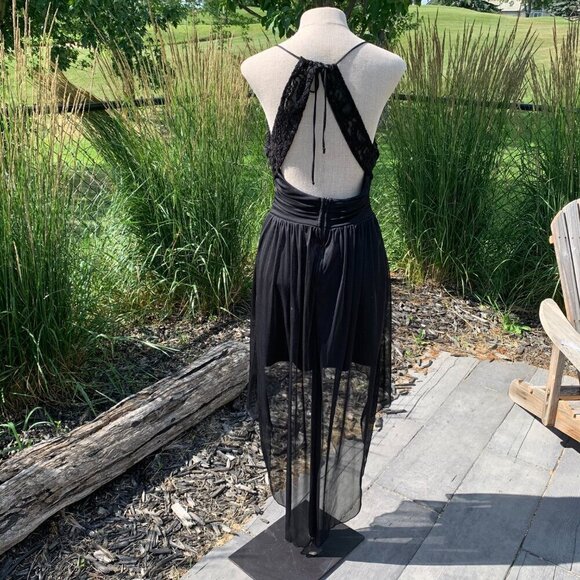 Y2K Whimsigoth Fairy Halter Dress Black Sheer Chiffon Lace High Low Hem - Picture 6 of 9
